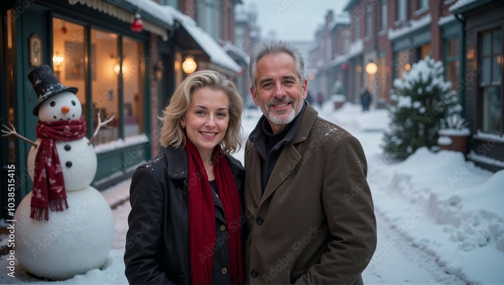 Portrait of middle-aged couple against snowy street backdrop with snowman, Christmas atmosphere Portrait of middle-aged couple against snowy street backdrop with snowman, Christmas atmosphere