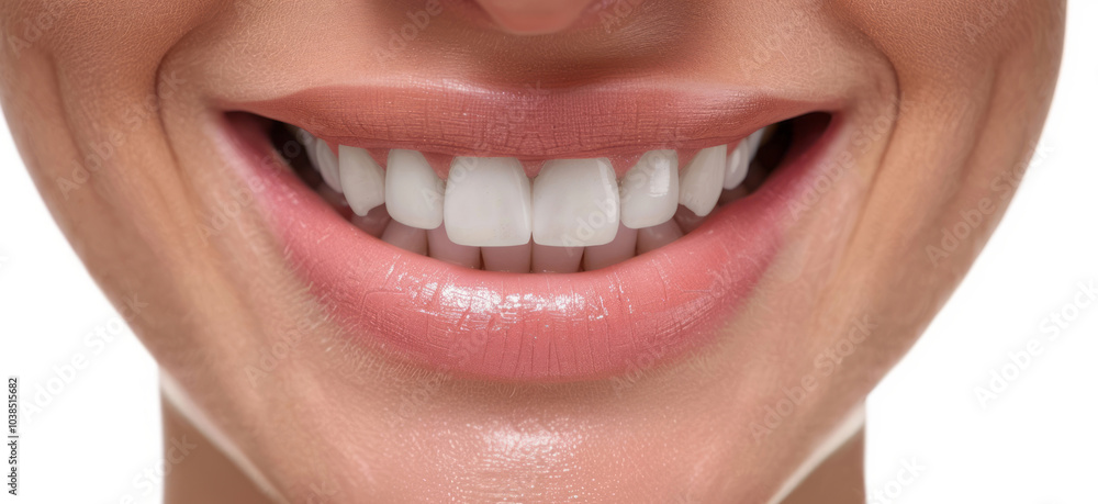 Fototapeta premium A close-up of a beautiful white-toothed smile isolated on a white background.
