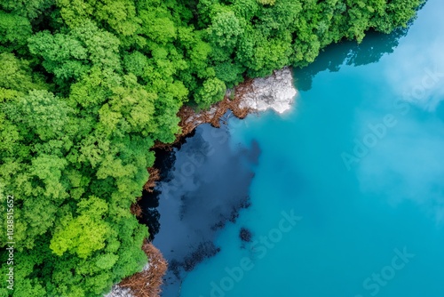 Aerial view of lush greenery meeting tranquil blue water.