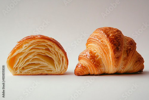 A fresh, flaky croissant cut in half on a white background with copy space for text or design. Close-up of a golden, French, buttery crescent baguette bread isolated on a transparent background.