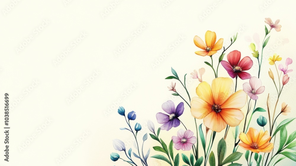 Obraz premium Colorful watercolor flowers arranged beautifully on a soft pastel background. Perfect for seasonal greetings or floral designs.