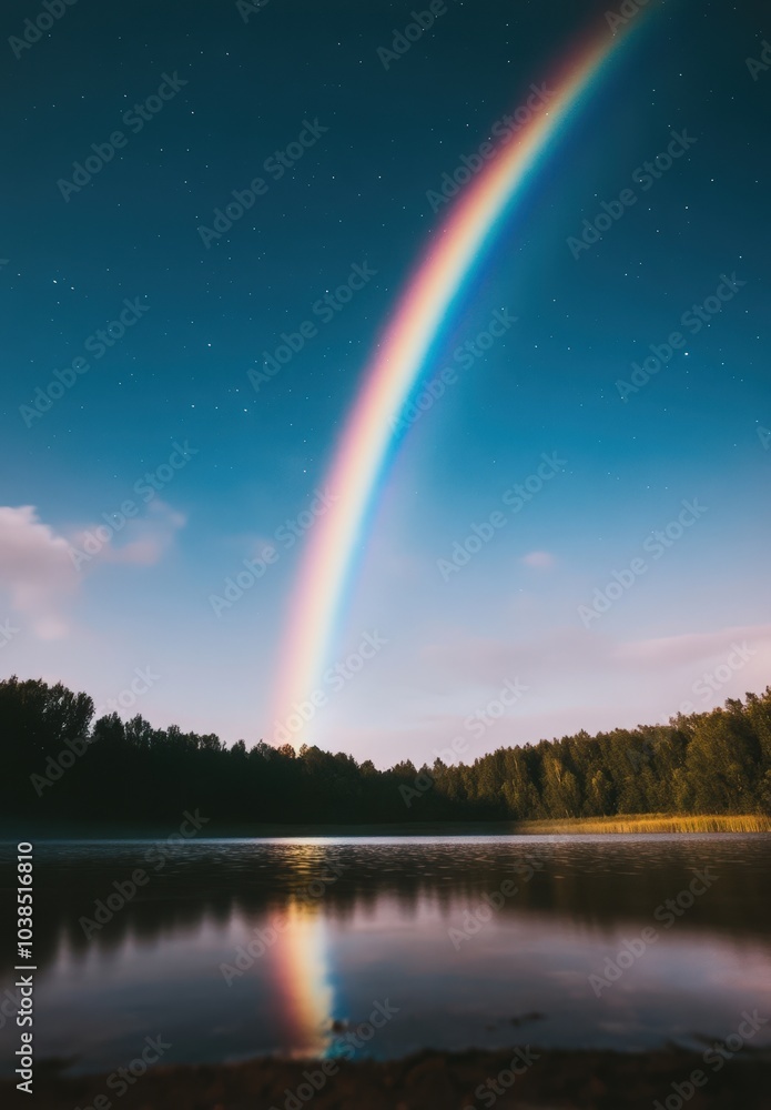 Colorful rainbow over a serene lake at night Colorful rainbow over a serene lake at night
