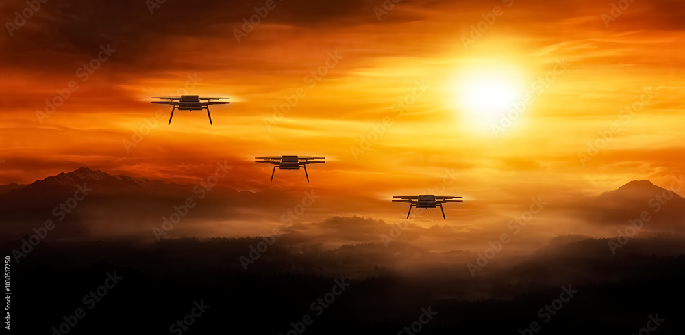 Drones flying over mountains at sunset