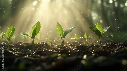 Seedlings growing in a misty forest floor, surrounded by fallen leaves and filtered sunlight creating a serene atmosphere.