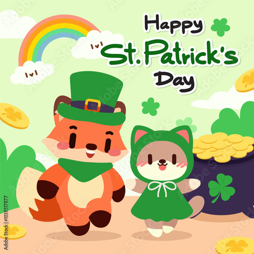 Kawaii St. Patrick’s Day Fox and Cat Illustration. Adorable St. Patrick’s Day Characters with Rainbow and Gold Pot.