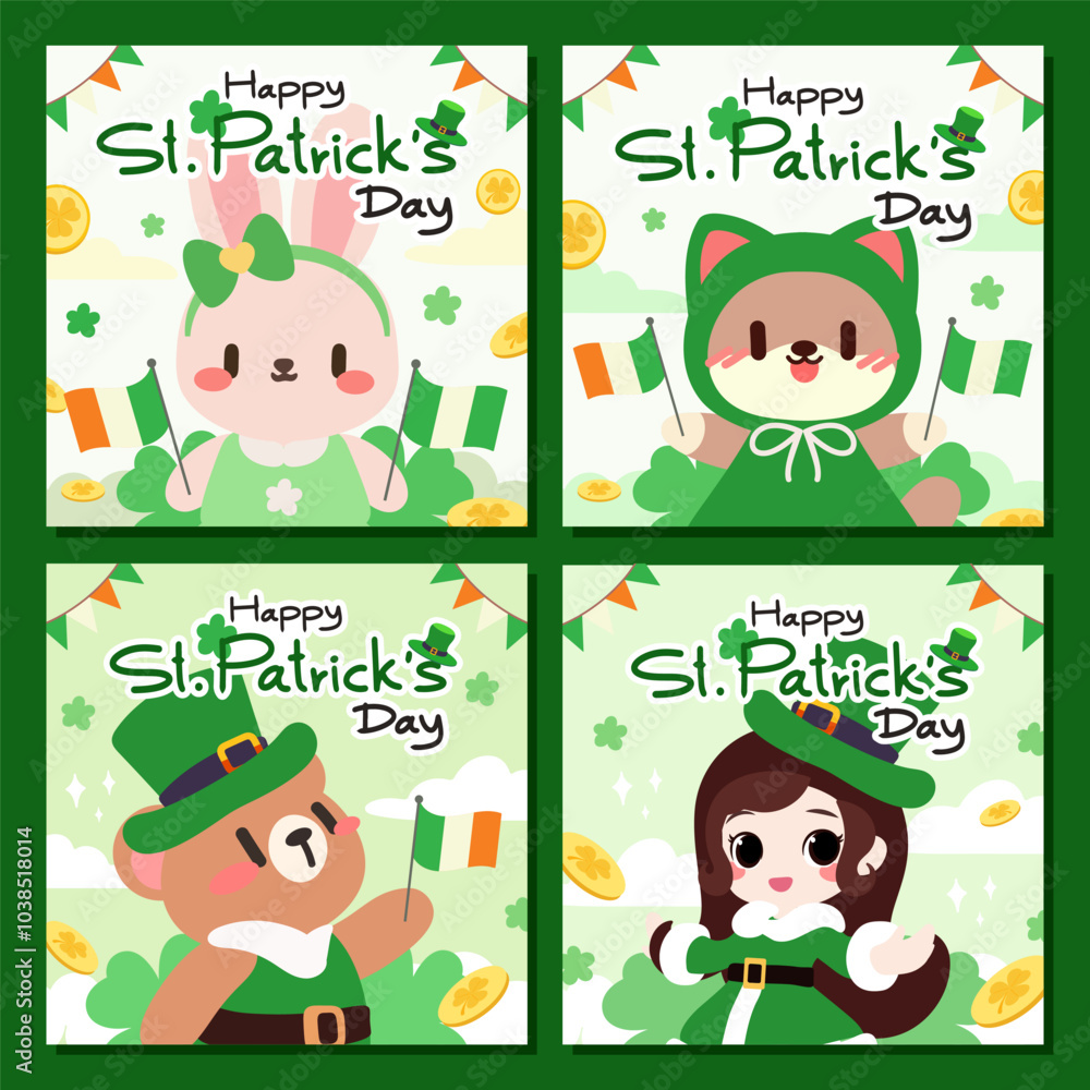 Fototapeta premium Adorable St. Patrick's Day Illustrations with Bunny, Bear, and Girl. Cute St. Patrick's Day Animal Characters with Irish Flags.