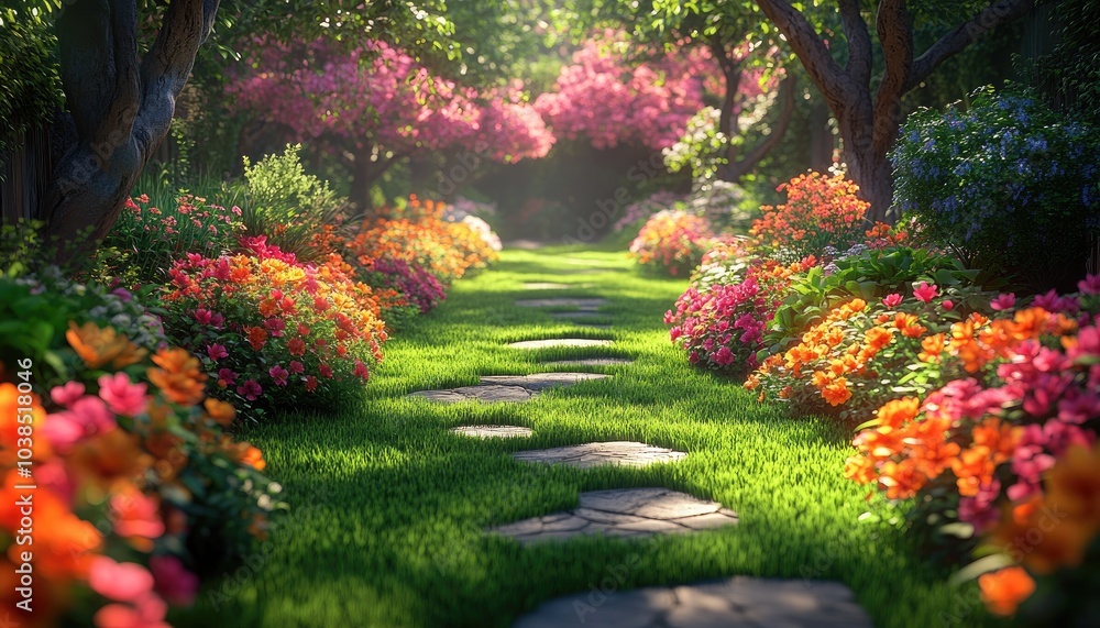 Garden images, Serene Garden Oasis with Blossoming Pink Pathway Garden images, Serene Garden Oasis with Blossoming Pink Pathway