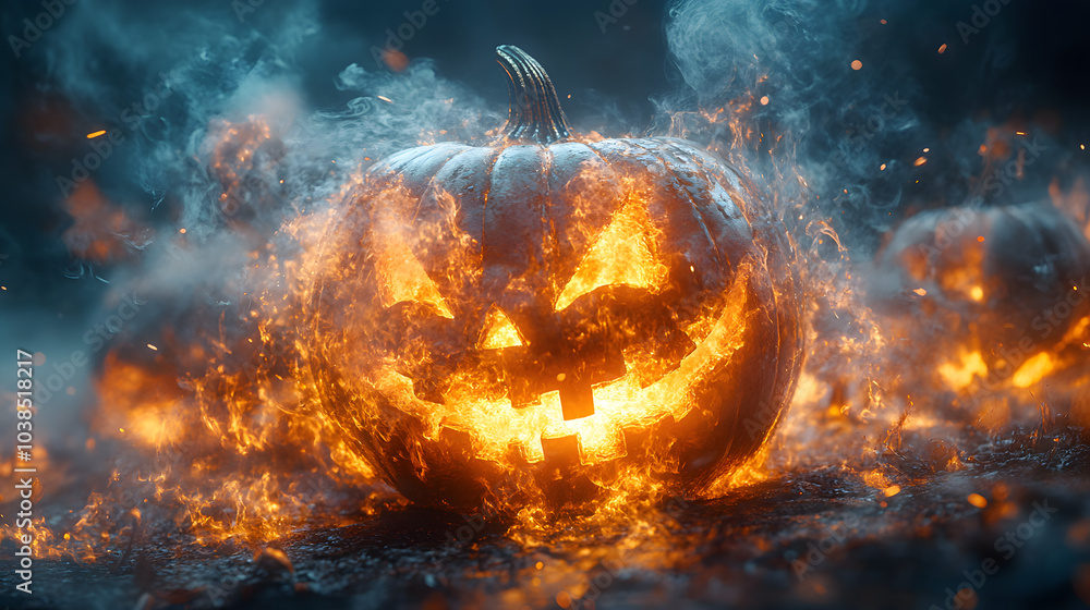 Halloween Pumpkins on a Dark Background Surrounded by Eerie Smoke, Creating a Spooky Atmosphere Perfect for the Halloween Season. These Carved Pumpkins Emanate a Haunting Glow, Invoking the Spirit of Halloween Pumpkins on a Dark Background Surrounded by Eerie Smoke, Creating a Spooky Atmosphere Perfect for the Halloween Season. These Carved Pumpkins Emanate a Haunting Glow, Invoking the Spirit of
