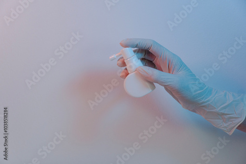 The doctor's hand in the white medical glove holding a spray, isolated in the purple background, health care concept  