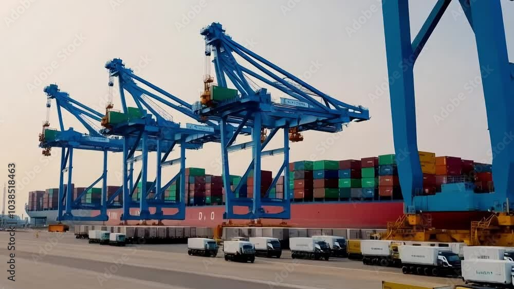 Robotic cranes at a shipping port loading containers onto massive cargo ships, with automated trucks transporting goods across the dock.
Robotic cranes at a shipping port loading containers onto massive cargo ships, with automated trucks transporting goods across the dock.