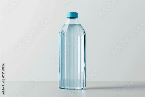 Plastic bottle filled with water on a light grey background. Studio product photography. Design for banner, poster, advertisement.