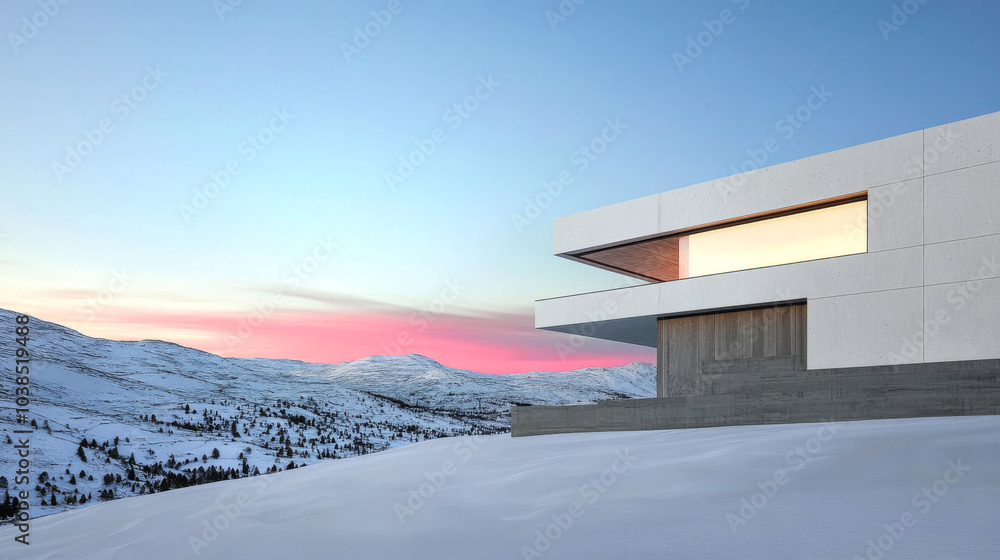 Fototapeta premium Modern architectural design of a sleek house in a snowy mountain landscape at sunset