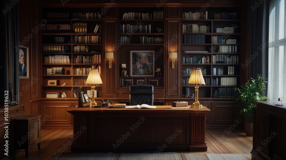 Elegant home office with large desk, bookshelves, and warm lighting, 8k, realistic, full ultra HD, high resolution, cinematic photography Elegant home office with large desk, bookshelves, and warm lighting, 8k, realistic, full ultra HD, high resolution, cinematic photography