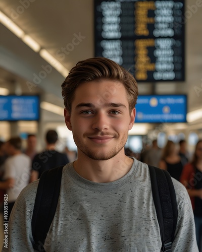 Charismatic Young Influencer at Bustling Airport