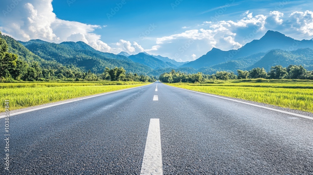 Naklejka premium Empty road heading towards green mountains under a bright blue sky, perfect for open road travel and scenic landscape themes.
