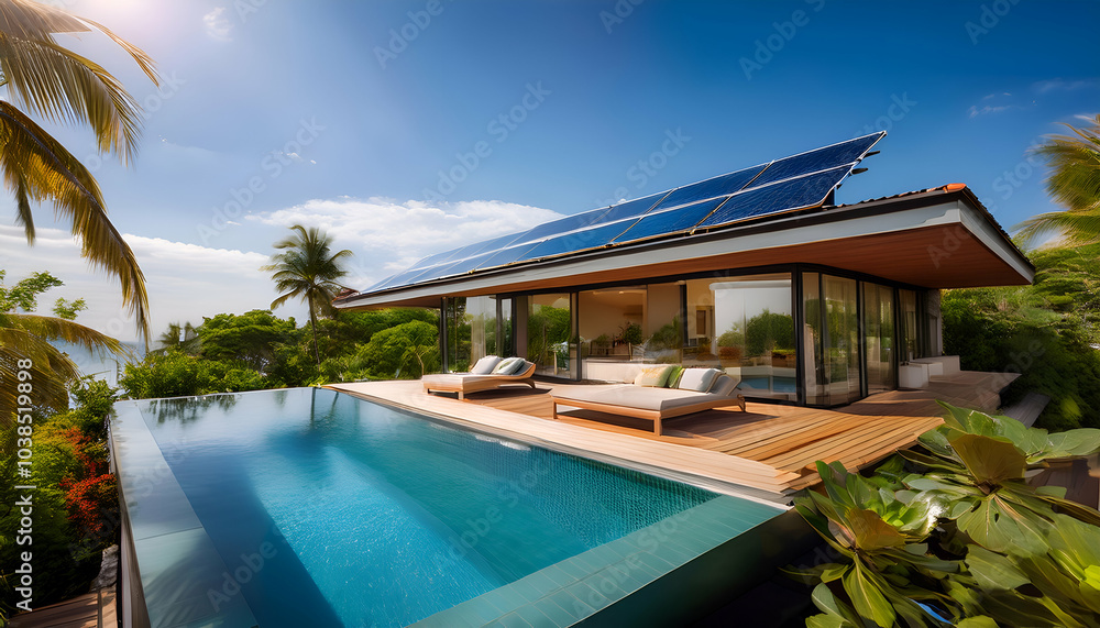 Fototapeta premium A luxury villa with solar panels integrated seamlessly into the roof, featuring an infinity pool and floor-to-ceiling glass walls, set in a tropical landscape