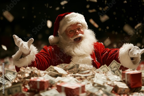 Santa Claus is depicted joyfully surrounded by piles of money and gifts, capturing the fusion of festive generosity and the commercialization of Christmas. photo