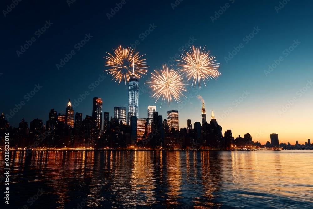 Obraz premium Bright fireworks illuminate the night sky, shimmering over a tranquil city skyline with water reflections, creating a dazzling and celebratory urban ambience.