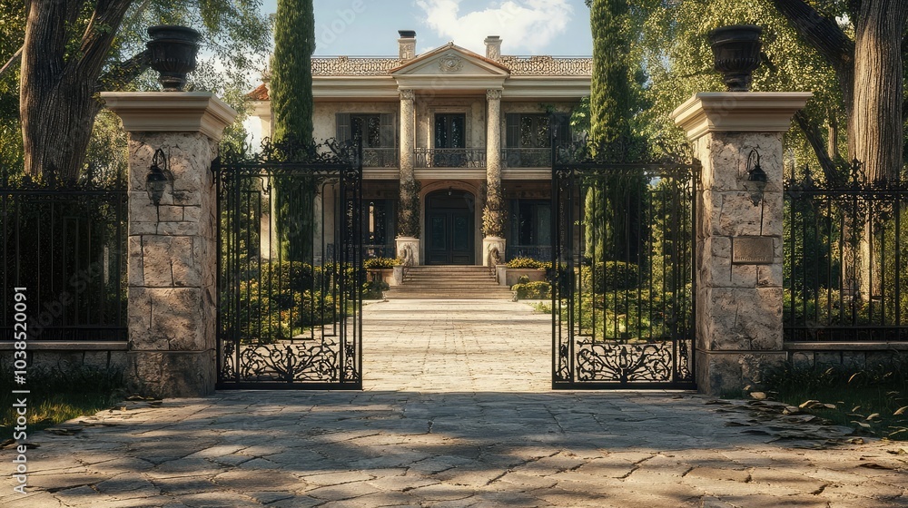 Fototapeta premium Elegant stone villa with tall columns and wrought iron gates, 8k, realistic, full ultra HD, high resolution, cinematic photography