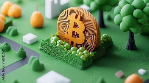 Bitcoin coin surrounded by green grass, colorful trees, and a vibrant landscape. photo