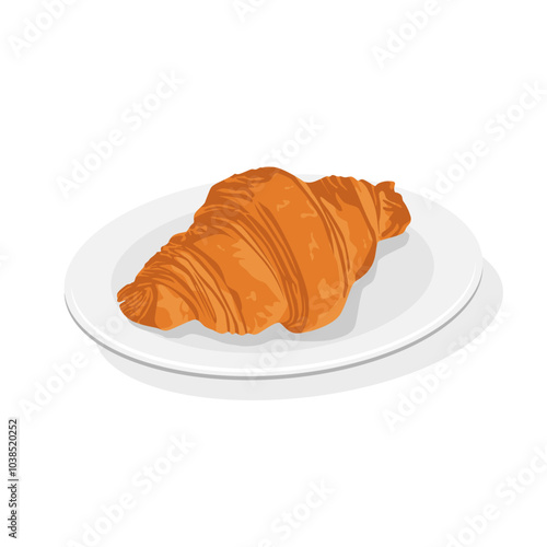 Croissant on a Plate Vector Illustration isolated on white background. Croissant. Fresh baking, for menu, cafe, bakery, logo, color and black and white illustration.