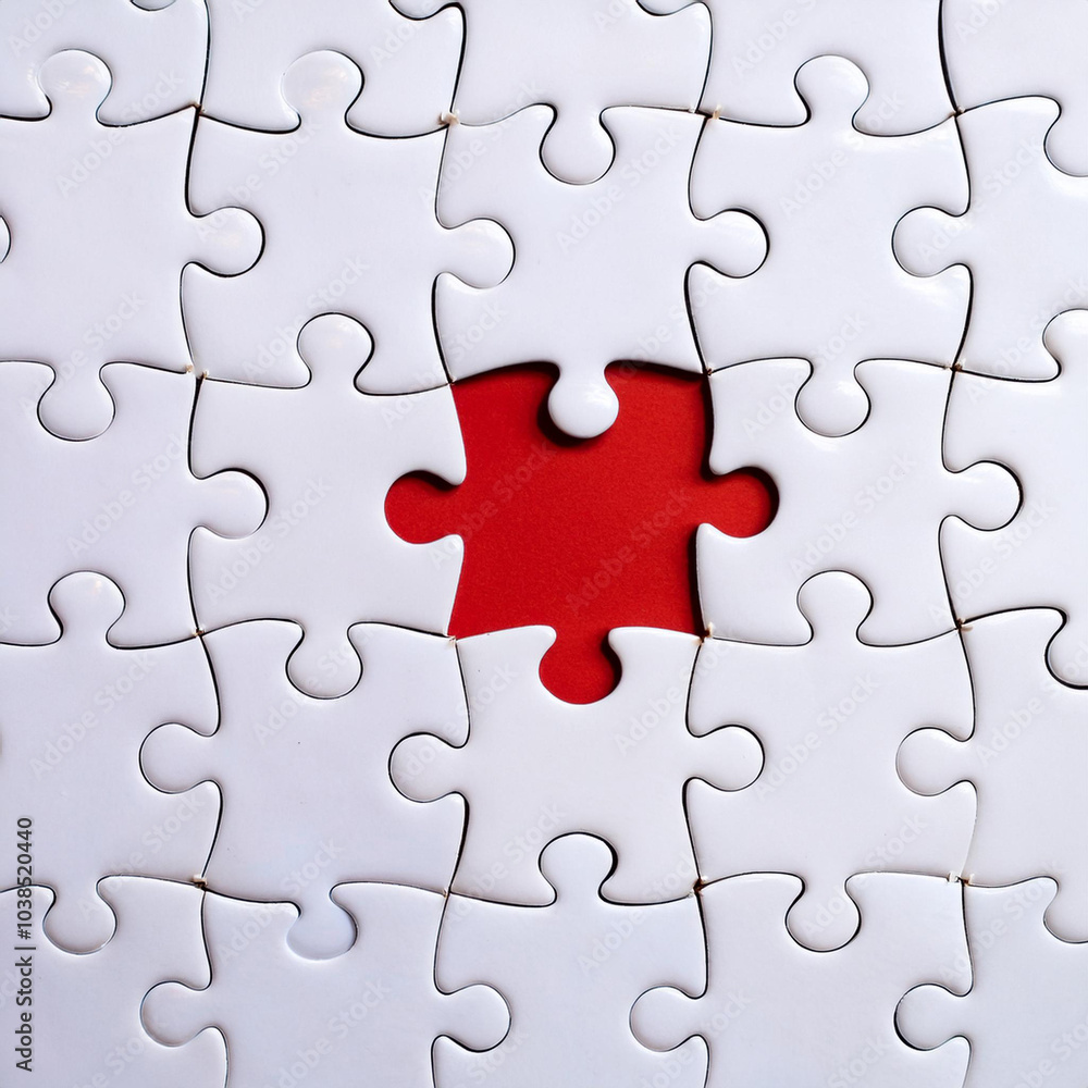 Jigsaw puzzle with solid white pieces and missing in the middle with red backgound Jigsaw puzzle with solid white pieces and missing in the middle with red backgound