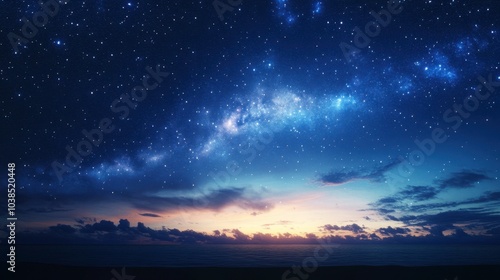 The horizon at twilight with a blue sky overhead, scattered stars, and the soft glow of the galaxy's spiral.