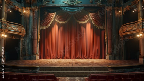 Empty theater stage with red curtains beautifully illuminated with copyspace	