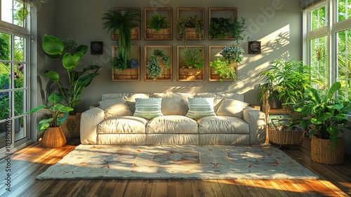 Sun-Drenched Cozy Living Room Filled with Lush Indoor Plants, Natural Light through Large Windows, and Earth-Toned Decor Elementscozy photo