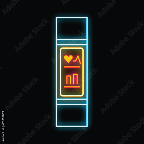 Neon fitness tracker icon glowing on a black background, perfect for illustrating concepts of health and technology