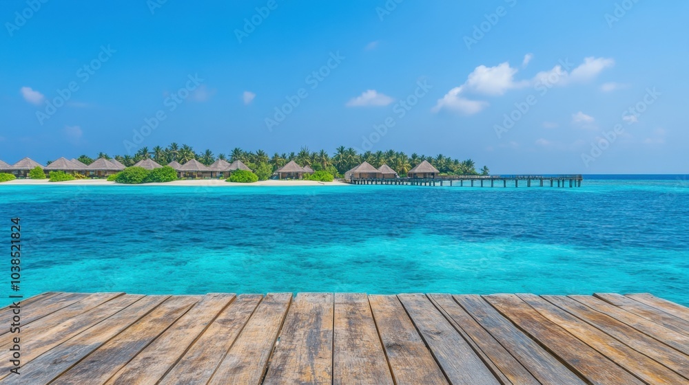 Fototapeta premium Empty wooden table facing the ocean and a tropical island, with a bright blue sky, perfect for summer product photography.