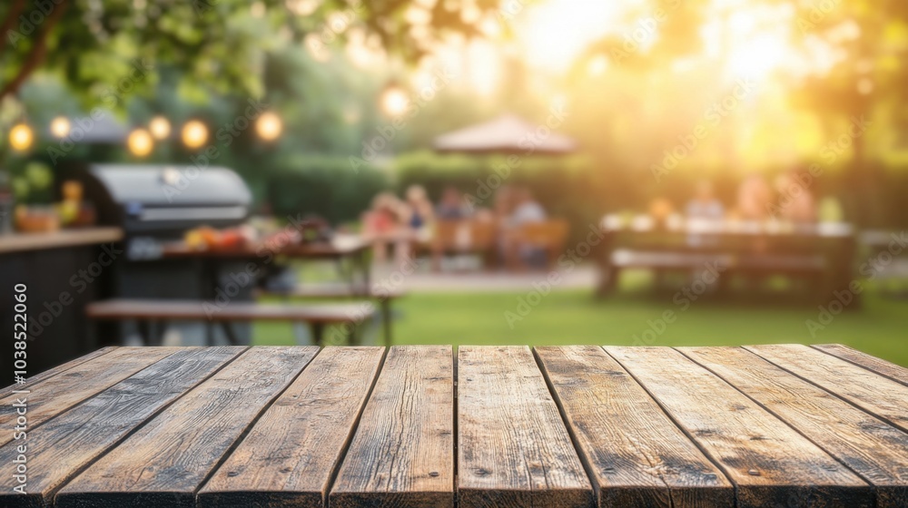 Empty wooden table in focus, with a soft blur of a backyard BBQ scene in the background, ideal for product displays. Empty wooden table in focus, with a soft blur of a backyard BBQ scene in the background, ideal for product displays.