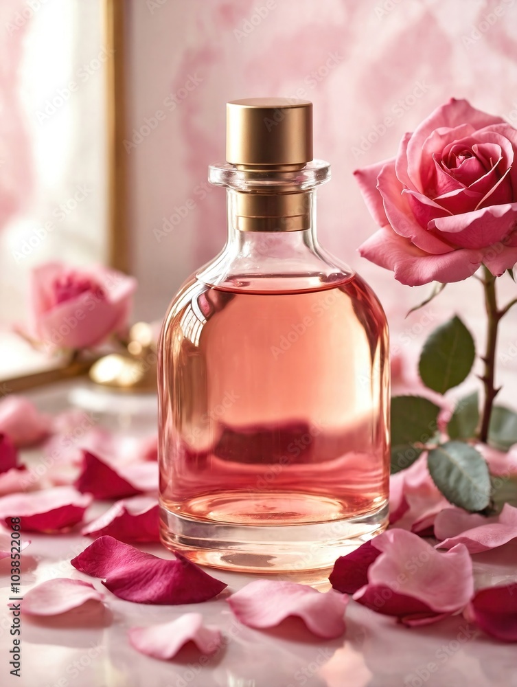 A glass bottle of rose oil is placed on an elegant vanity table, surrounded by soft, velvety rose petals A glass bottle of rose oil is placed on an elegant vanity table, surrounded by soft, velvety rose petals