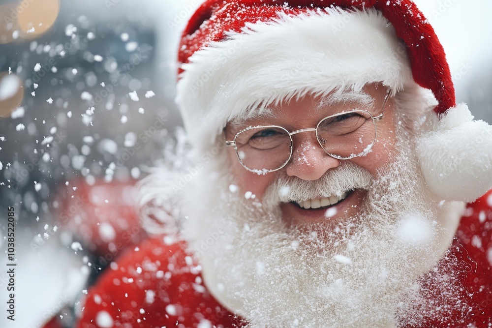 A jolly Santa Claus, surrounded by a gentle snowfall in winter attire, beams with happiness, capturing the essence of festive cheer and timeless holiday magic. A jolly Santa Claus, surrounded by a gentle snowfall in winter attire, beams with happiness, capturing the essence of festive cheer and timeless holiday magic.