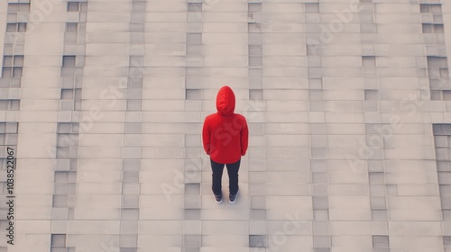 person in red hoodie standing in front of concrete wall