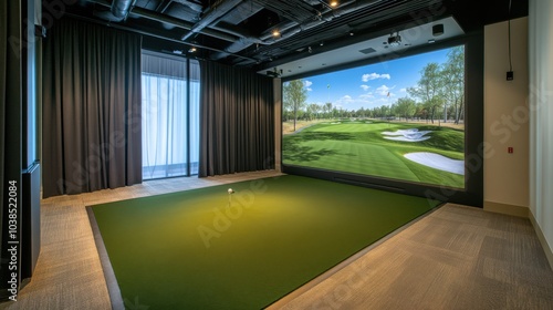 A state-of-the-art indoor golf simulator room with high-definition screens, artificial turf, and advanced tracking equipment