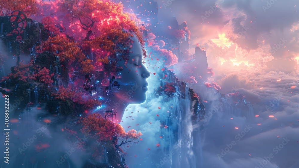 Surreal ethereal landscape with mystical floating islands and large ethereal face silhouette blending into vibrant celestial skiesfantasy Surreal ethereal landscape with mystical floating islands and large ethereal face silhouette blending into vibrant celestial skiesfantasy