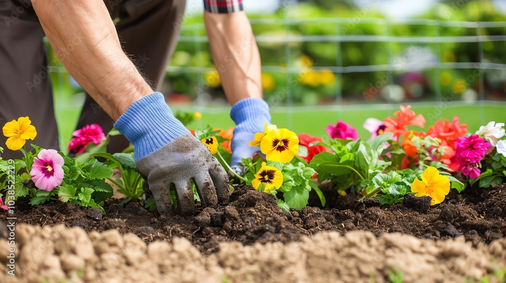 Fototapeta premium A gardener's hands in blue gloves gently plant colorful flowers in a garden bed. The soil is rich and dark, and the flowers are a vibrant mix of yellow, pink, and purple.