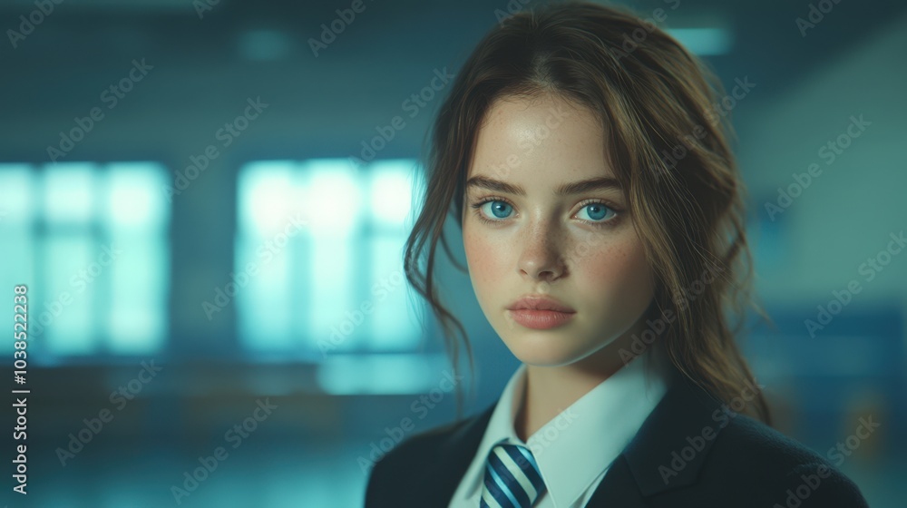 Pensive young woman in school uniform Pensive young woman in school uniform