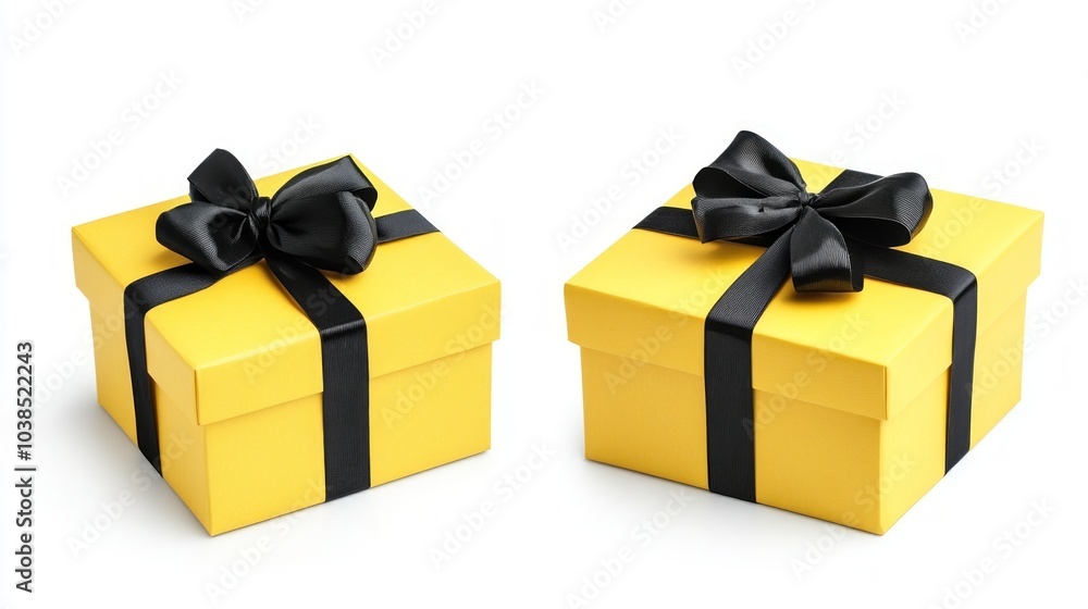 Two yellow gift boxes with black ribbons on a white background. Two yellow gift boxes with black ribbons on a white background.