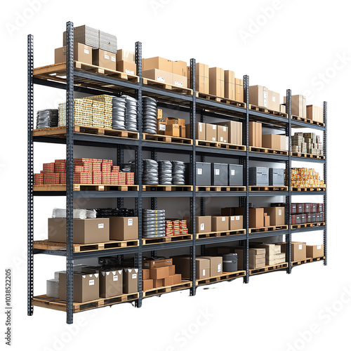 A well-organized storage shelf filled with various boxes and containers, ideal for warehouse or inventory management settings.,transparent background photo