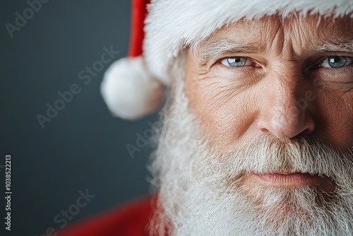 A close-up, detailed portrait of Santa Claus with intense blue eyes, white hair and beard, wearing a red hat, capturing the essence of Christmas tradition. photo