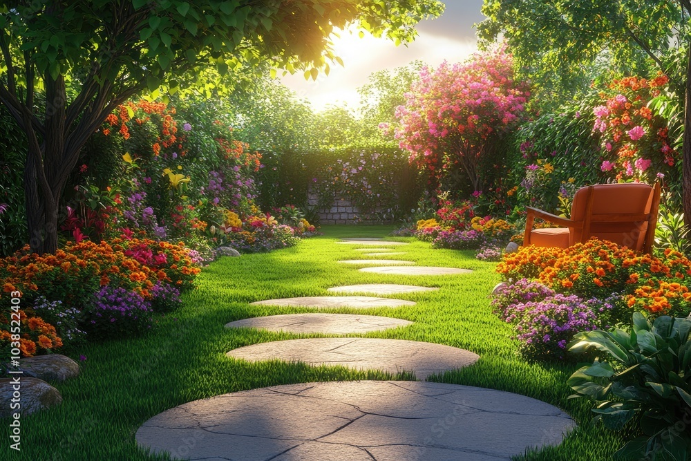 Fototapeta premium Garden images, Serene Garden Oasis with Blossoming Pink Pathway