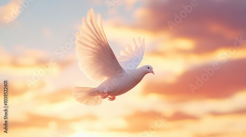 white dove flying in sunset sky