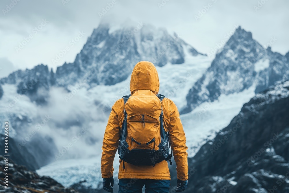 Hiker in yellow jacket gazes at majestic mountain range under cloudy skies Hiker in yellow jacket gazes at majestic mountain range under cloudy skies