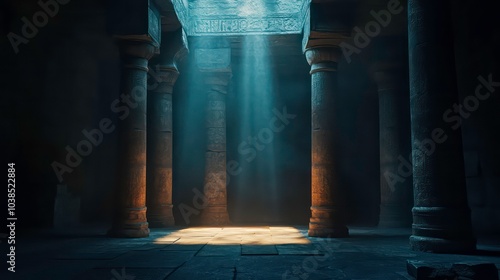 A shaft of light illuminates the dusty floor of an ancient, columned hall. photo