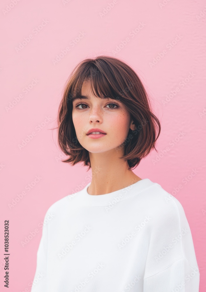 Portrait of a young woman with dark hair against a pink background Portrait of a young woman with dark hair against a pink background