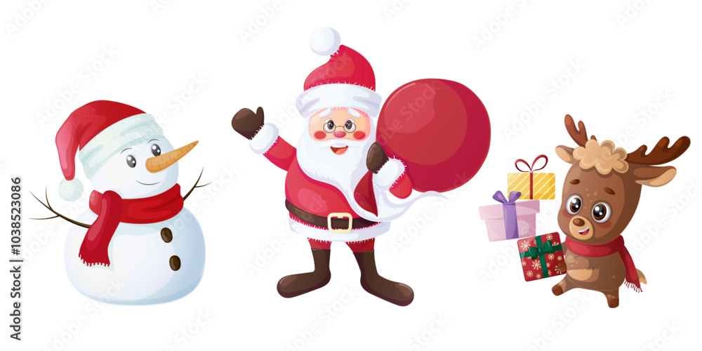 Festive New Year and Christmas characters with gifts, Santa Claus, cute deer, snowman, in a vector set Festive New Year and Christmas characters with gifts, Santa Claus, cute deer, snowman, in a vector set