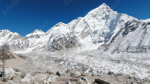 View of the Khumbu Himal valley in Sagarmatha National Park and the Dudh Kosi valley taken from the face of Ama Dablam in Nepal