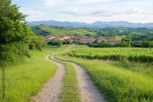 Scenic countryside landscape with winding path and vineyards